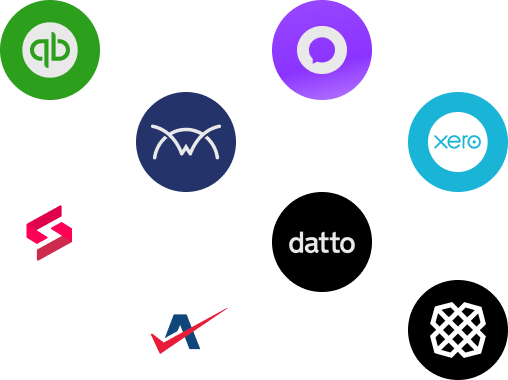Logos of Alternative Payments integration partners, which includes Quickbooks Online and Desktop by Intuit, Plaid, Xero, Datto's Autotask PSA, NetSuite ERP, ConnectWise PSA, Halo PSA, and SuperOps.ai
